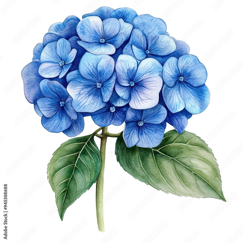 Watercolor illustration clipart of a stunning blue hydrangea isolated on white background Watercolor illustration clipart of a stunning blue hydrangea isolated on white background