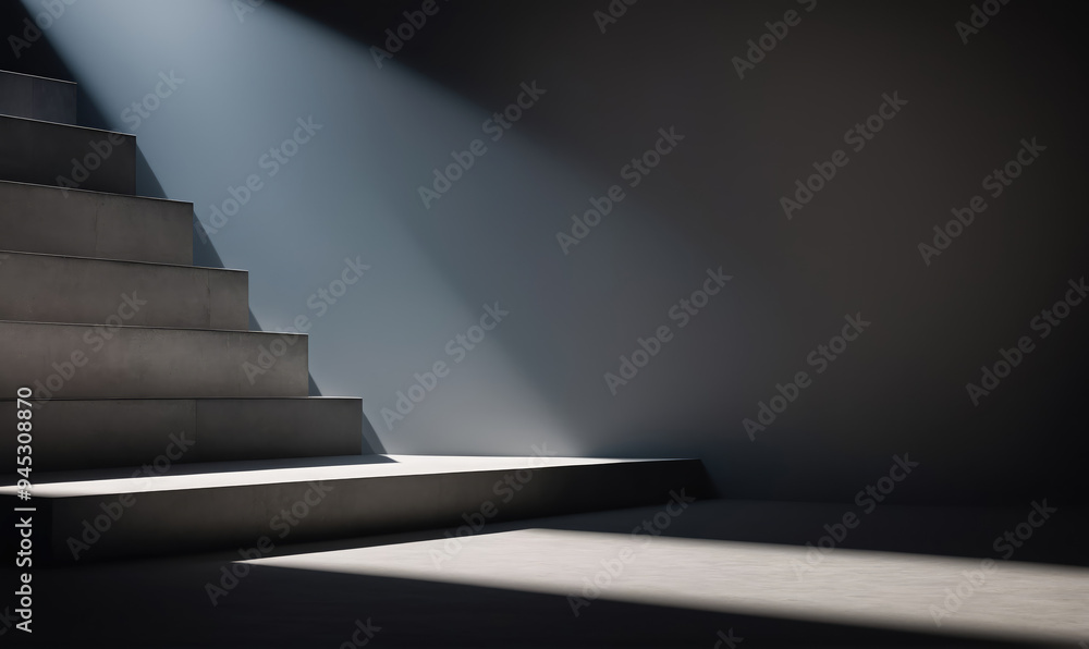 Obraz premium A beam of light shines down on concrete stairs in a dark room
