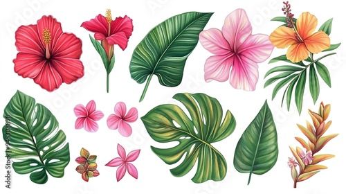 botanical illustration beautiful tropical flowers clip art design elements set isolated on white background