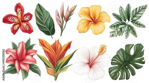 Fototapeta Naklejka Na Ścianę i Meble -  botanical illustration beautiful tropical flowers clip art design elements set isolated on white background