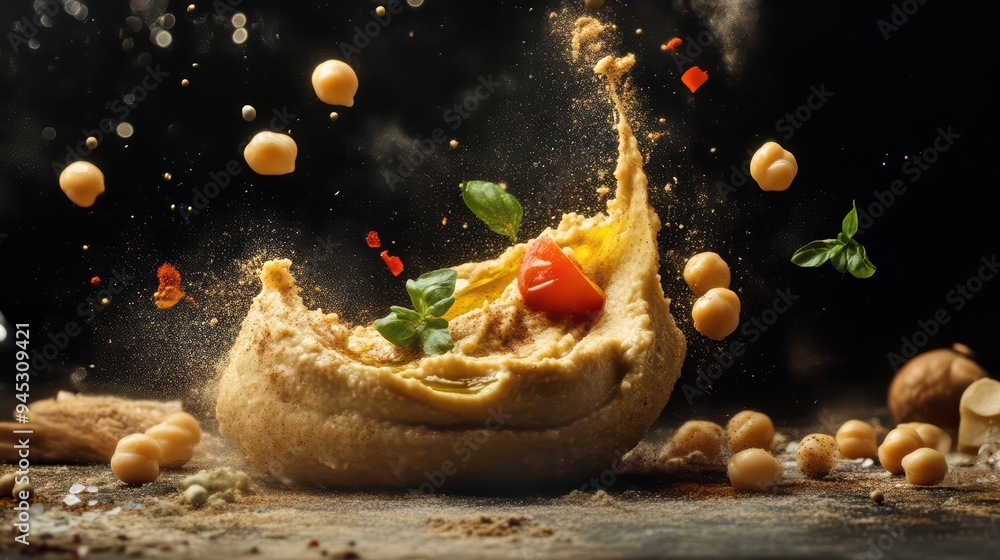 Vibrant explosion of hummus with fresh ingredients, chickpeas, and herbs creating an appetizing visual feast. Vibrant explosion of hummus with fresh ingredients, chickpeas, and herbs creating an appetizing visual feast.
