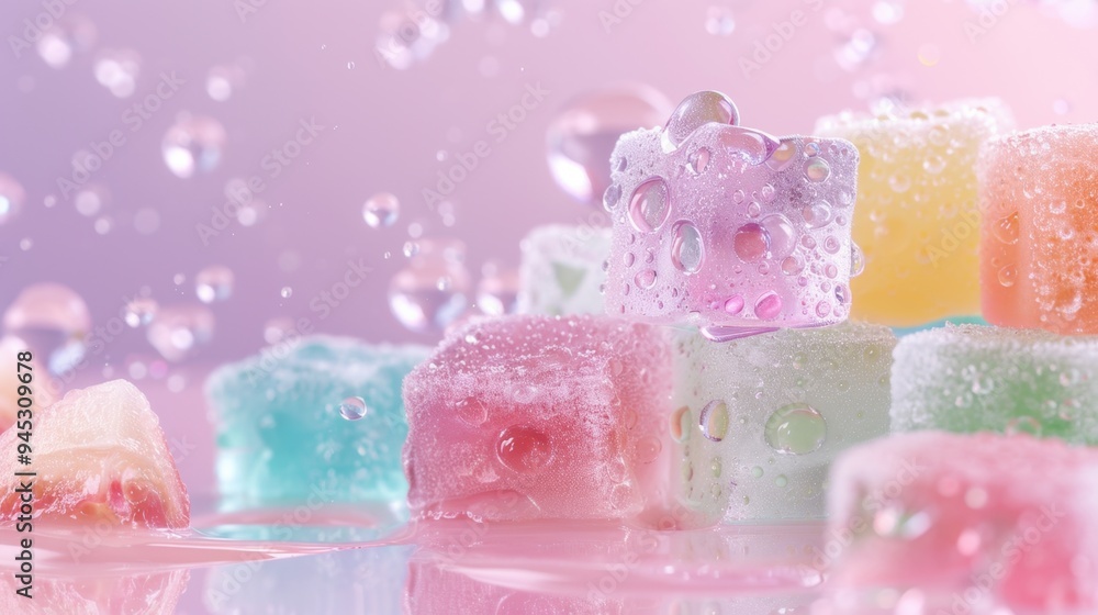 Rainbow gummy bear ice cubes, minimalist backdrop, mixed fruit slices, reflecting light with water droplets, creating a cheerful and vibrant arrangement. Rainbow gummy bear ice cubes, minimalist backdrop, mixed fruit slices, reflecting light with water droplets, creating a cheerful and vibrant arrangement.