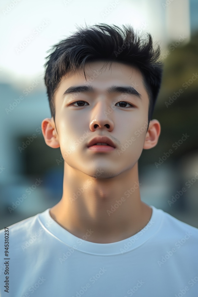 Young man staring directly at the camera against a blurred outdoor backdrop during golden hour in an urban setting Young man staring directly at the camera against a blurred outdoor backdrop during golden hour in an urban setting