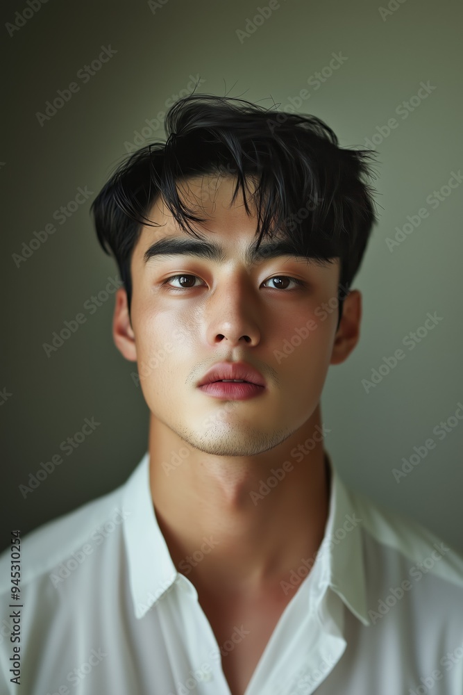 A young man with dark hair poses in a casual white shirt against a softly lit background, radiating calm confidence in a serene indoor setting A young man with dark hair poses in a casual white shirt against a softly lit background, radiating calm confidence in a serene indoor setting
