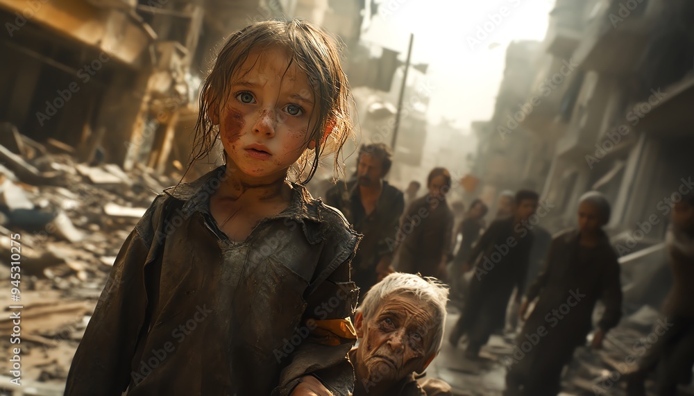 Photorealistic 4K scene of war survivors in a devastated city Photorealistic 4K scene of war survivors in a devastated city