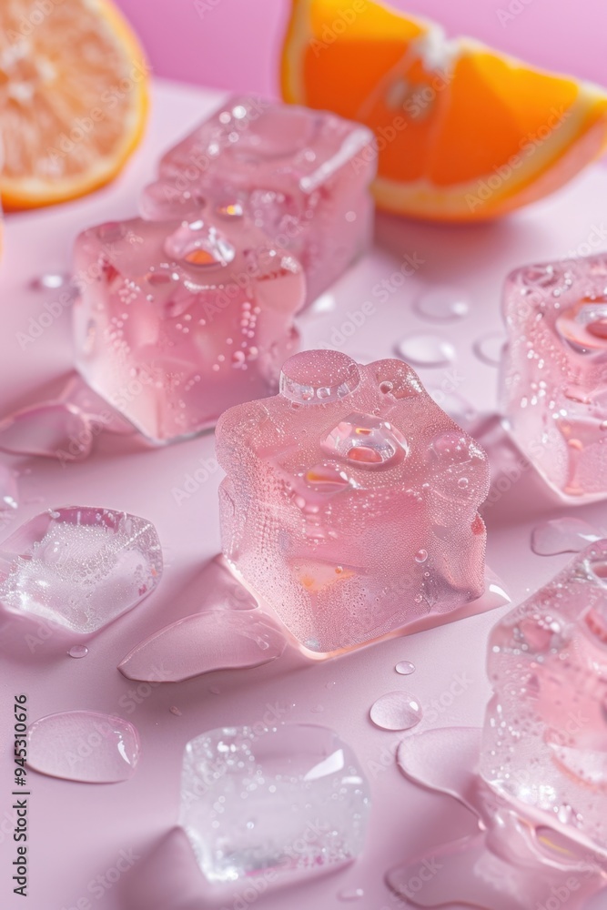 Translucent gummy bear-shaped ice cubes, minimalistic setting, citrus garnish, shimmering with water droplets, highlighting their playful and sweet nature. Translucent gummy bear-shaped ice cubes, minimalistic setting, citrus garnish, shimmering with water droplets, highlighting their playful and sweet nature.