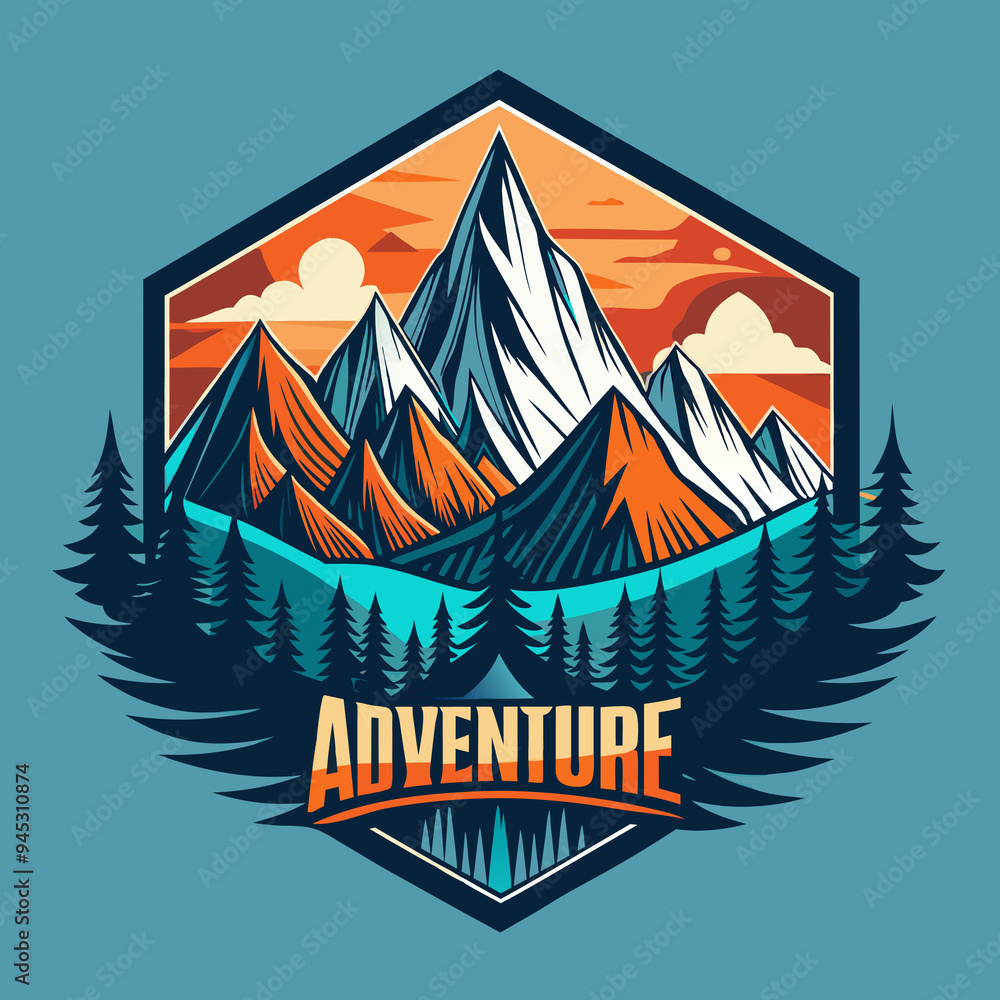 Detailed Mountain Range with Adventure Typography, Earthy Tones, T-Shirt Print Detailed Mountain Range with Adventure Typography, Earthy Tones, T-Shirt Print