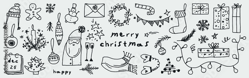 set of hand drawn outline holiday christmas elements. Doodle childish elements. Huge collection of hand drawn vector Christmas festive clip arts. Outline holiday vector set. Santa Claus, socks, toys
