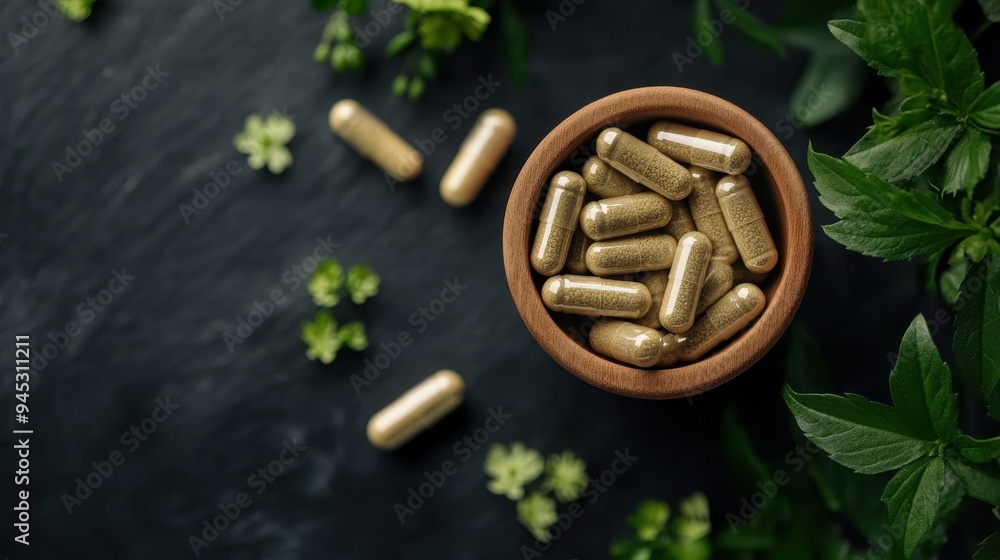 Wooden Bowl with Herbal Supplements, Emphasizing Natural Solutions for Immune Boosting Wooden Bowl with Herbal Supplements, Emphasizing Natural Solutions for Immune Boosting