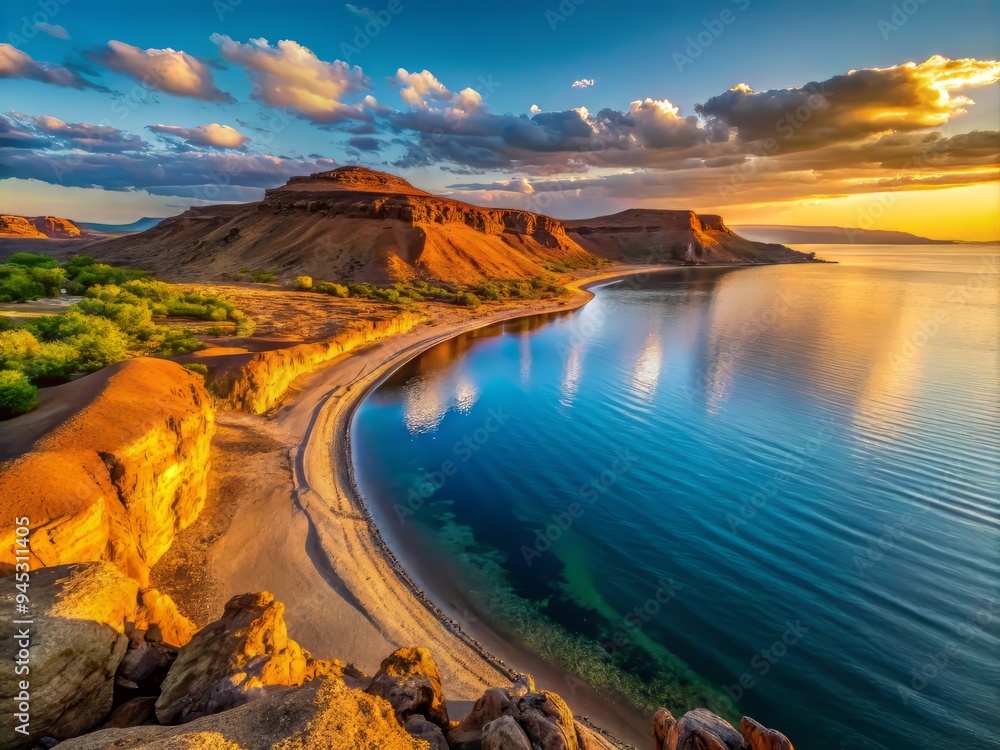 Naklejka premium Dramatic low-angle capture of Lake Turkana, rugged outcrops, deep blues, and warm golden sand in the fading evening light