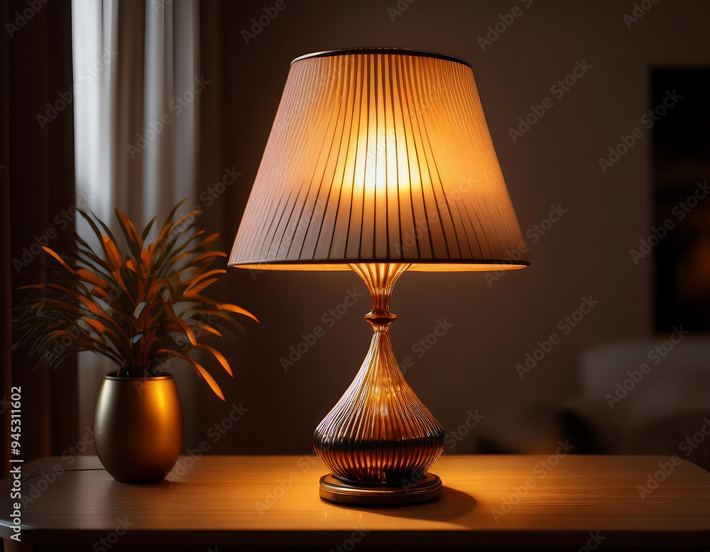 An elegant Lamp with warm light near the window on a table in the interior of the room at night An elegant Lamp with warm light near the window on a table in the interior of the room at night
