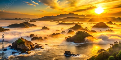 golden dawn breaks over tranquil East Sea waves, misty islands emerge from fog, warm light casts long shadows on rocky shores, serene atmosphere. photo