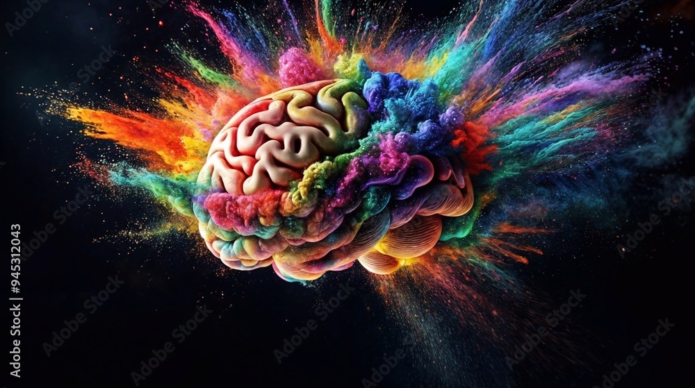 A vibrant and colorful representation of a brain, with swirling abstract patterns of bright colors emanating from it, symbolizing creativity, thought processes, and the mind's complexity A vibrant and colorful representation of a brain, with swirling abstract patterns of bright colors emanating from it, symbolizing creativity, thought processes, and the mind's complexity