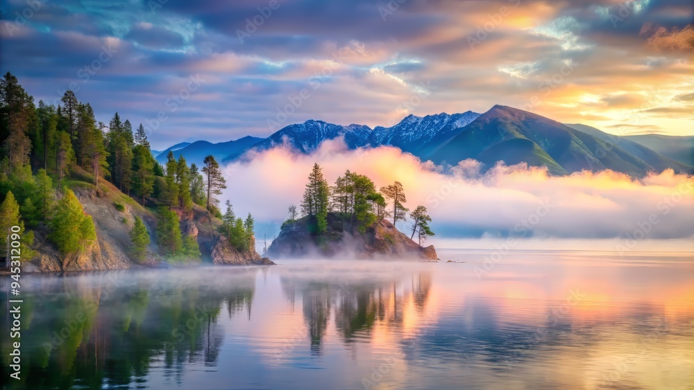 Ethereal early morning fog rolling over Lake Baikal's calm surface merging with misty mountains creating an otherworldly atmosphere in soft pastel hues. Ethereal early morning fog rolling over Lake Baikal's calm surface merging with misty mountains creating an otherworldly atmosphere in soft pastel hues.