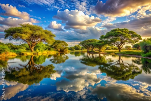 afternoon Turkana idyll lush greenery riparian trees mirrored lake reflections soft warm light vibrant blues subtle cloud formations tranquil atmosphere peaceful ambiance photo