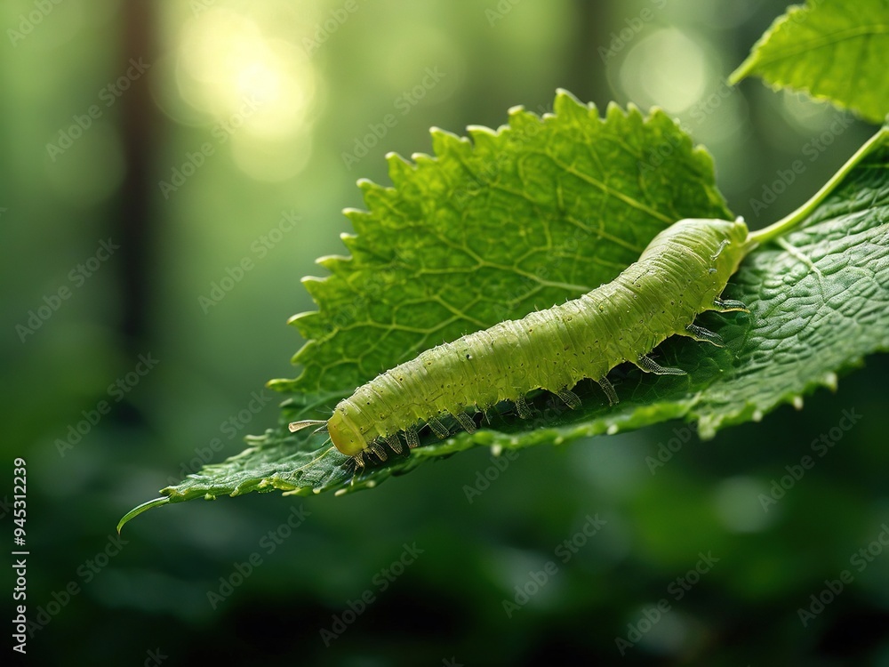 A green caterpillar crawls on a large green leaf in the forest. A green caterpillar crawls on a large green leaf in the forest.