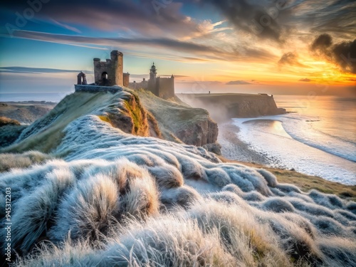 frozen misty dawn cliffscape with rugged shoreline, ancient castle ruins, and frosty windswept grass, soft warm light, subtle color palette, cinematic composition photo