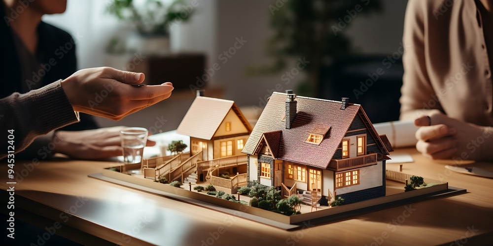 A real estate agent is sitting at the table with his client, holding hands and showing her a miniature house model on top of an application form. A real estate agent is sitting at the table with his client, holding hands and showing her a miniature house model on top of an application form.