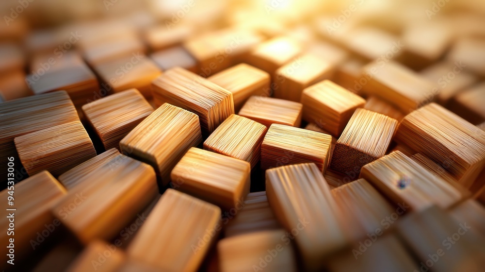 A close-up image of wooden blocks arranged in a pattern, illuminated by soft golden light, creating a warm and textured composition.

