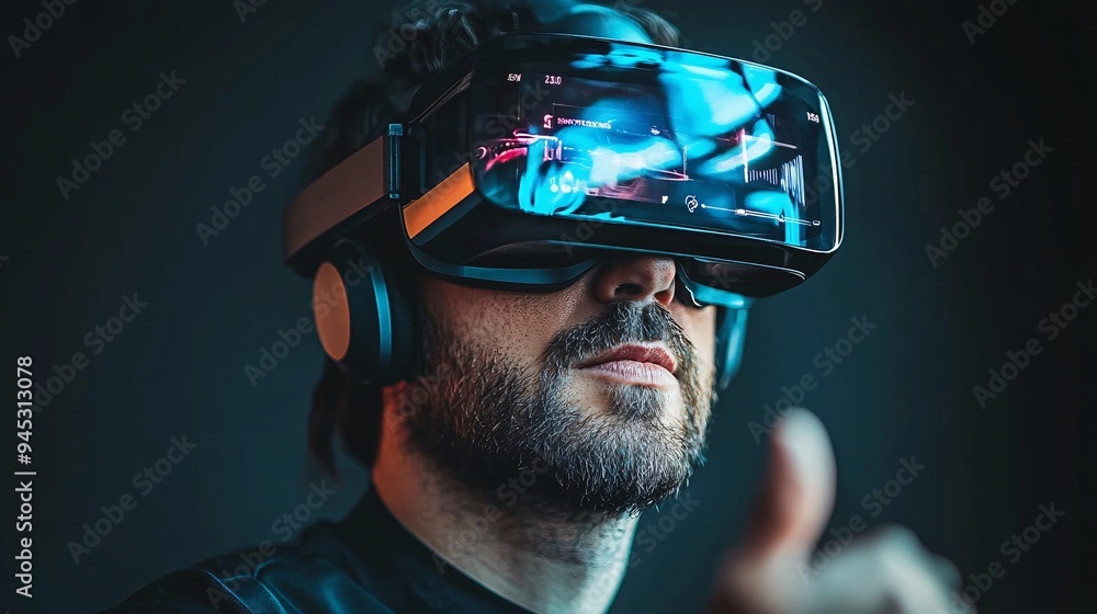 Homeowner interacting with a 3D holographic display to control smart home systems and appliances Stock Photo with copy space Homeowner interacting with a 3D holographic display to control smart home systems and appliances Stock Photo with copy space