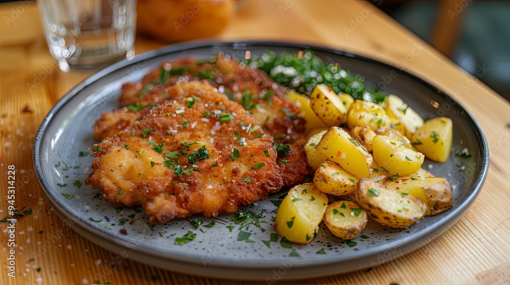 Classic fried schnitzel served with parsley potato Classic fried schnitzel served with parsley potato