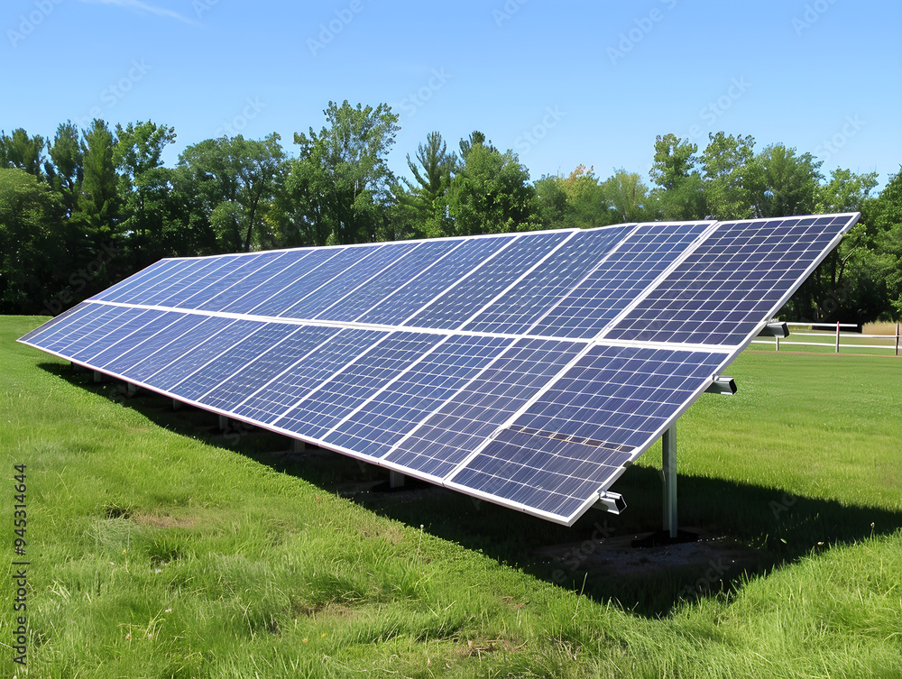 Photovoltaic cells arranged in geometric pattern soak up sunlight in the clear blue sky. Photovoltaic cells arranged in geometric pattern soak up sunlight in the clear blue sky.