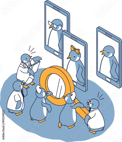 オンライン診療で健康チェックする若いペンギンのアイソメ