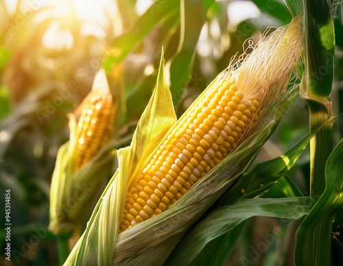 Close-up corn cobs in corn plantation field. ai generated photo