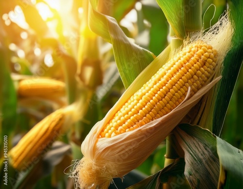 Close-up corn cobs in corn plantation field. ai generated photo