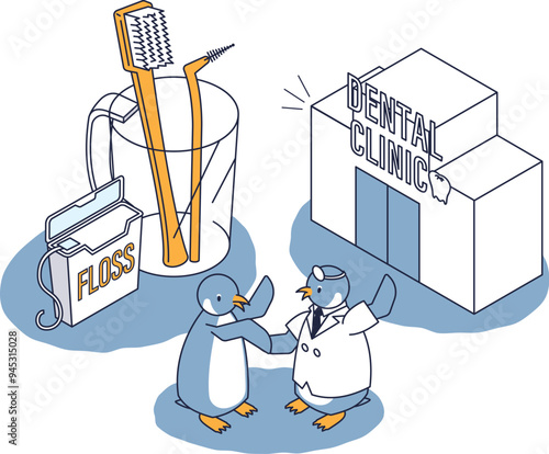 歯科検診とセルフケアでデンタルケアするペンギンのアイソメ
