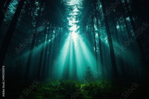 Enigmatic forest scene with dramatic light beams piercing through the mist, creating an ethereal atmosphere.