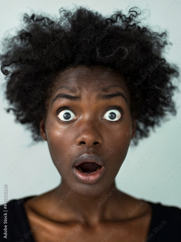 A black woman with wild hair and wide eyes. She appears shocked or surprised. Her mouth is open. A black woman with wild hair and wide eyes. She appears shocked or surprised. Her mouth is open.