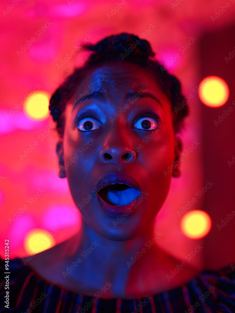 A black woman with a surprised expression and her mouth open. She is wearing a dress and her hair is in a bun. A black woman with a surprised expression and her mouth open. She is wearing a dress and her hair is in a bun.