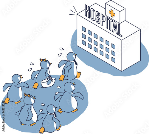 病院にかけ込むペンギンのアイソメ