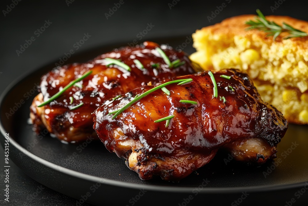 Grilled chicken thighs glazed with sauce, served with cornbread on a black plate. Grilled chicken thighs glazed with sauce, served with cornbread on a black plate.