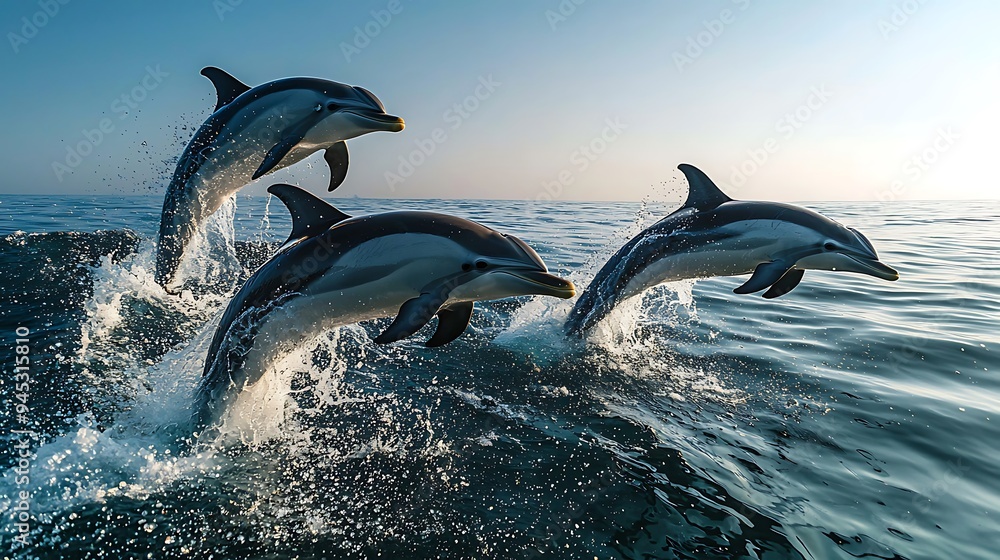 Fototapeta premium Three dolphins leap joyfully from the ocean, their graceful arcs creating a playful scene.