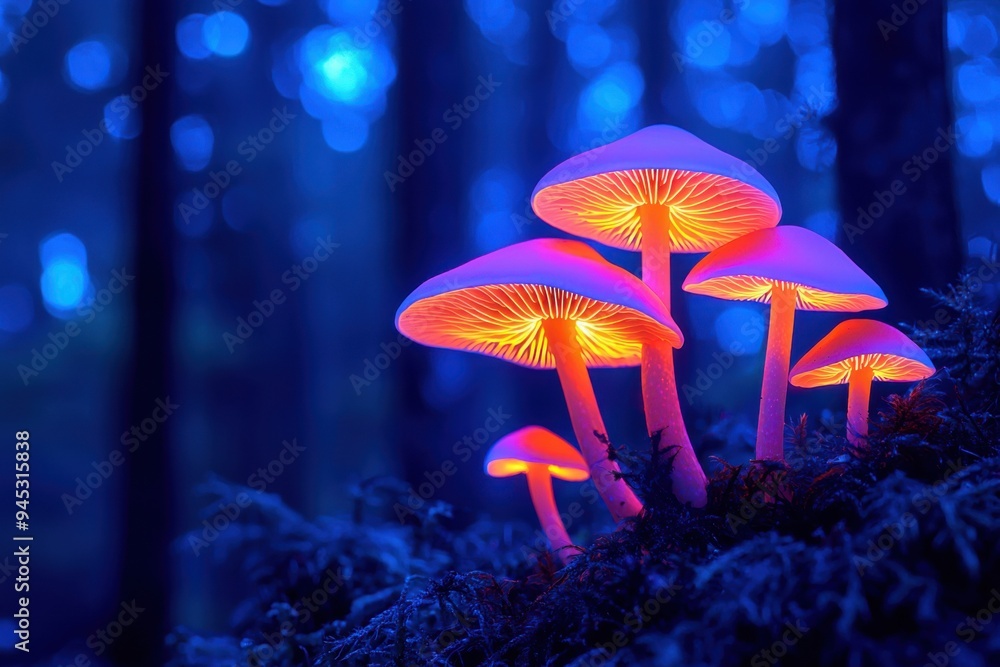 Fototapeta premium Vibrant glowing mushrooms illuminated under a mystical blue forest, creating a magical and enchanting atmosphere.