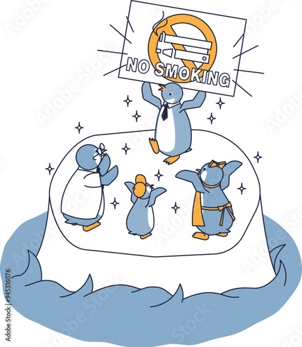 禁煙に成功したペンギンとそれを喜ぶ医師と家族のペンギンのアイソメ