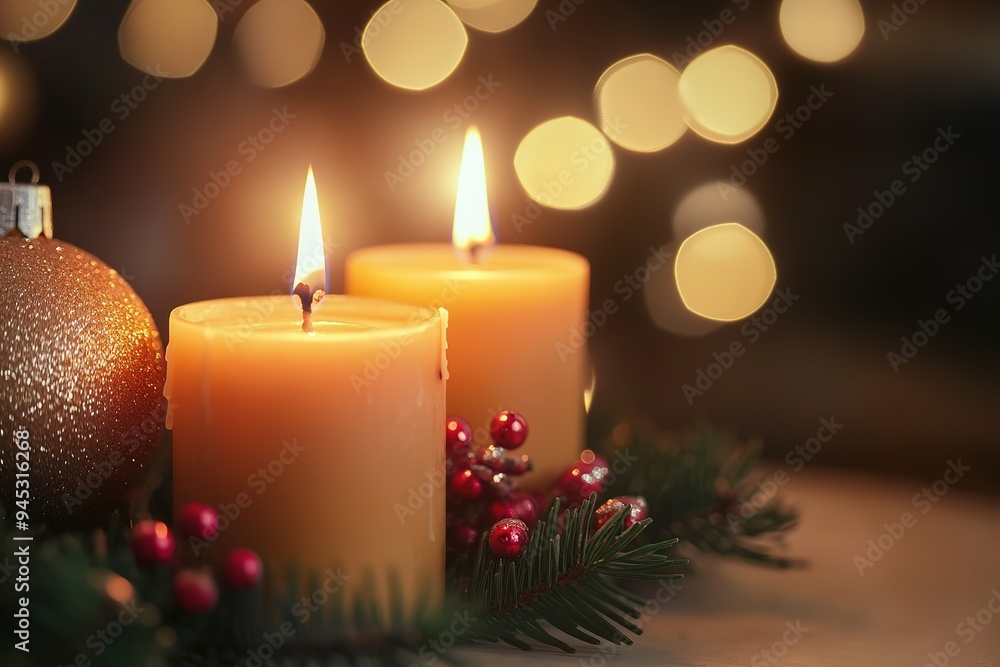 Lit candles with fir and berries, festive bokeh lights. Lit candles with fir and berries, festive bokeh lights.
