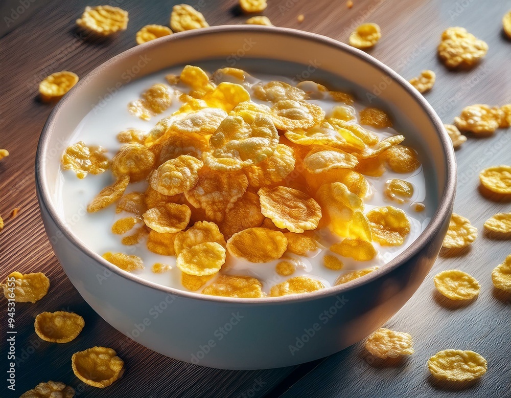 Breakfast cereal. Corn flakes and milk in bowl. ai generated Breakfast cereal. Corn flakes and milk in bowl. ai generated
