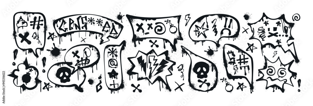 Fototapeta premium Graffiti spray paint comic speech bubbles with curses, insults, offensive words, skull, censored. Hand drawn ink talk balloons, dialogue box, text frames with swearwords. Aggressive emotion, profanity
