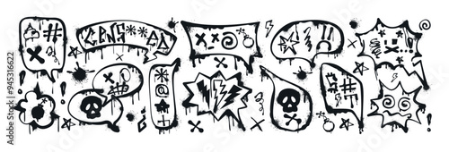 Graffiti spray paint comic speech bubbles with curses, insults, offensive words, skull, censored. Hand drawn ink talk balloons, dialogue box, text frames with swearwords. Aggressive emotion, profanity