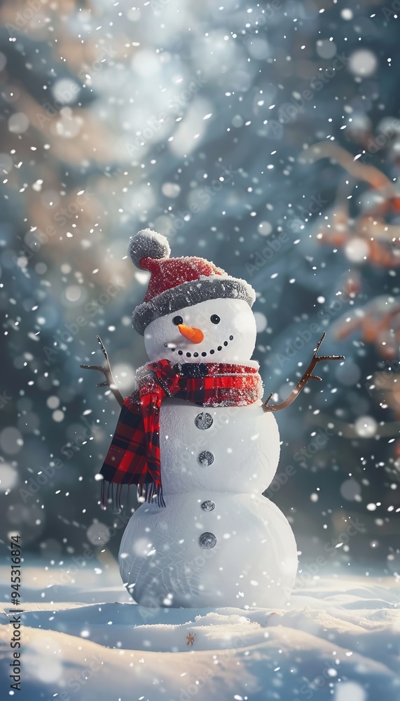 Charming snowman in a serene winter wonderland with gentle snowfall and festive atmosphere Charming snowman in a serene winter wonderland with gentle snowfall and festive atmosphere