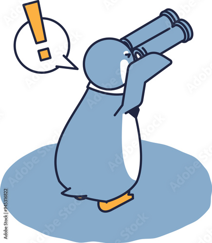 望遠鏡を覗いて何かを発見するペンギンのアイソメ