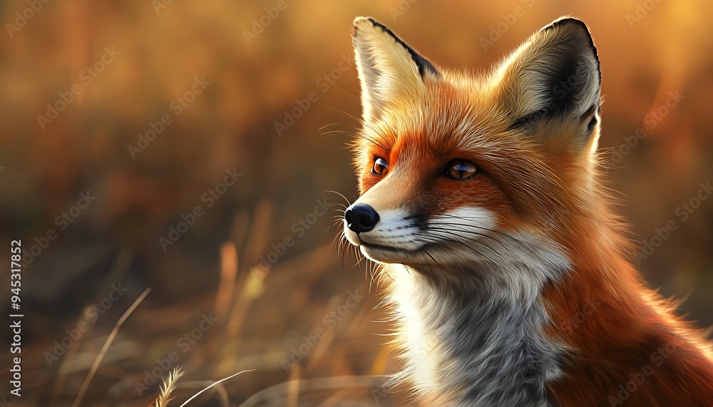 Fototapeta premium A close-up of a fox in a natural setting, showcasing its vibrant fur and attentive expression.