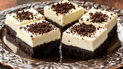 Wallpaper Mural A plate of layered dessert squares with a chocolate base and creamy topping, garnished with crumbs. Torontodigital.ca