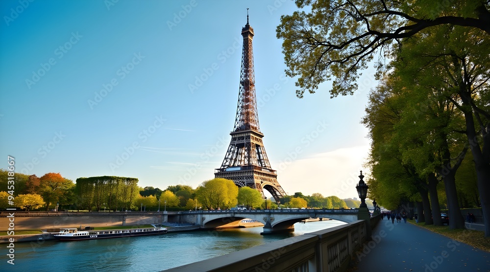 Fototapeta premium Eiffel Tower by the Seine River in Paris France