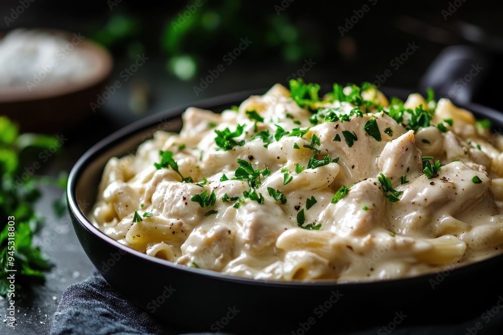 Creamy pasta dish garnished with herbs in a dark setting. Creamy pasta dish garnished with herbs in a dark setting.
