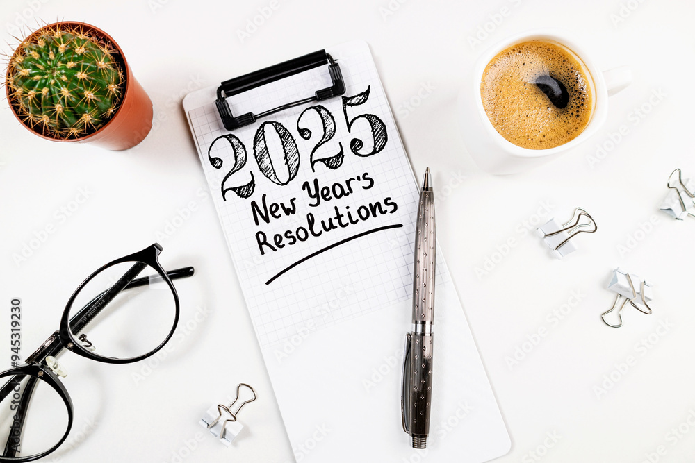 New year resolutions 2025 on desk. 2025 goals list with notebook, coffee cup, plant on white table. Resolutions, plan, goals, action, checklist, idea concept. New Year 2025 resolutions, copy space