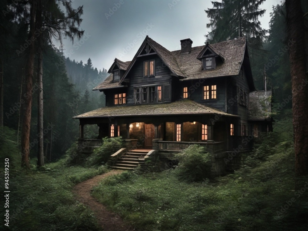 A beautiful old house in the middle of a dense fores A beautiful old house in the middle of a dense fores